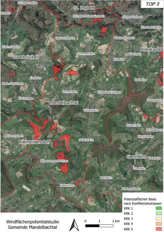 Satellitenkarte Mandelbachtal mit Hervorhebung potentieller Windenergieflächen, eingeteilt in Konfliktrisikoklassen 1 (niedrig) bis 5 (hoch). Sämtliche sichtbaren Flecken sind Klasse 5 zugeordnet.